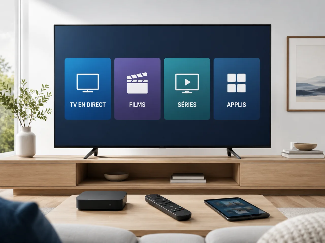 Télévision, boîtier et télécommande dans un salon